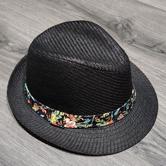 NWOT Black Straw w/Tropical Rim Band Fedora Hat - Picture 1 of 5